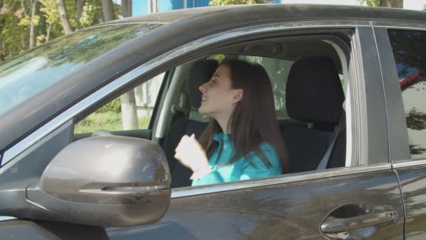 Conductora femenina con estilo aplicando lápiz labial en el coche — Vídeo de stock