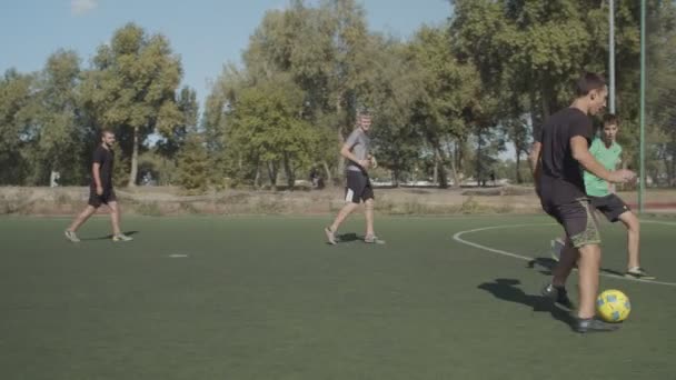 Futbol topu oyun sırasında tekme sonra kale direğine isabet — Stok video