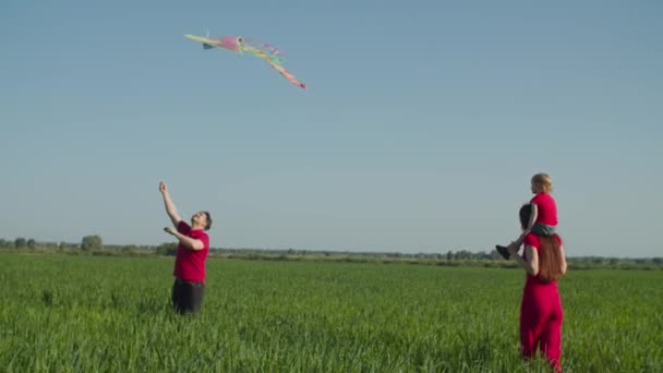 Щаслива сім'я з дитиною грає з повітряним змієм на відкритому повітрі — стокове відео