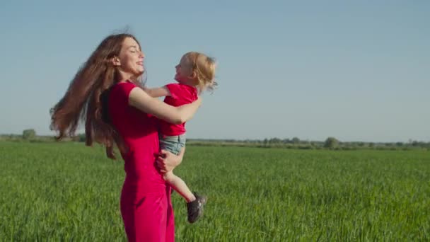 陽気な母親tossingアップ子上の小麦畑 — ストック動画