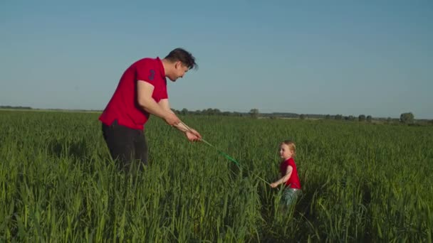 Alegre padre jugando con la niña en el campo — Vídeo de stock