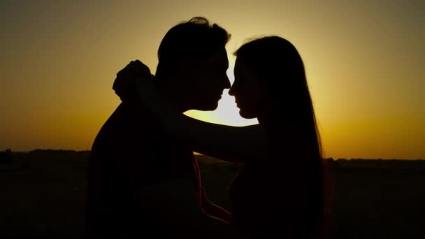 Silueta de pareja enamorada abrazándose al atardecer — Vídeos de Stock