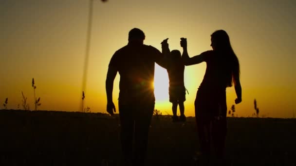 Расслабленная семья с ребенком, наслаждающаяся закатом на природе — стоковое видео