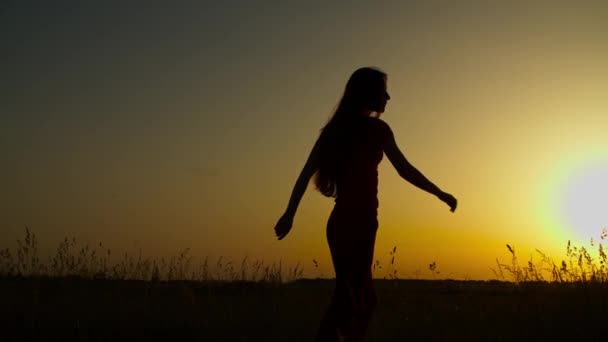 Mujer relajante en verano naturaleza en el resplandor de la noche — Vídeos de Stock