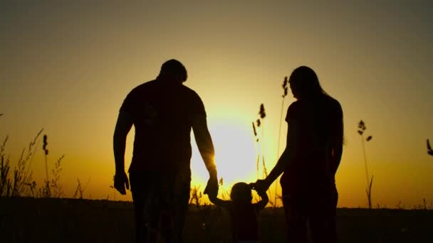 Szülők kézen fogva sétálnak napnyugtakor — Stock videók