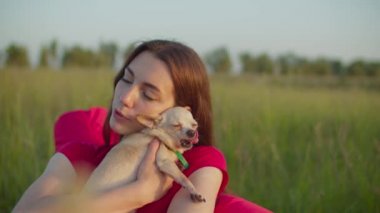 Dişi köpek besleyen, dışarıdaki chihuahua köpeği.