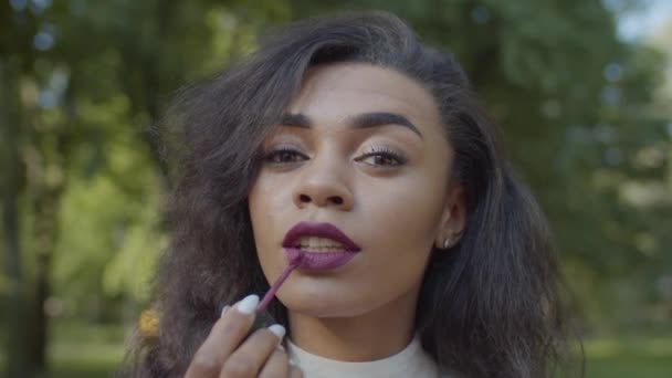 Bastante africana americana mujer aplicando maquillaje — Vídeo de stock