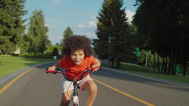 Opgewonden jongetje op de fiets in openbaar park — Stockvideo