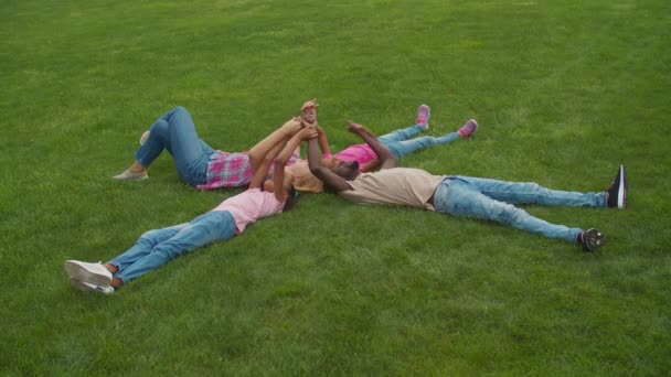 Familia multiétnica alegre tendida en la hierba en círculo — Vídeos de Stock