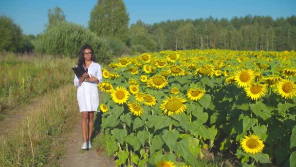 Femeie agronomă care inspectează floarea-soarelui în câmp — Videoclip de stoc