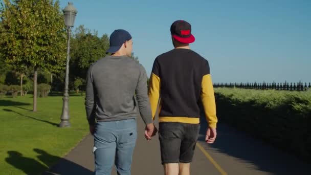 Gay paar op romantisch date wandelen buiten — Stockvideo