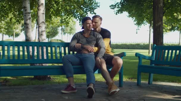 Romantisch hetzelfde geslacht man paar knuffelen op park bank — Stockvideo