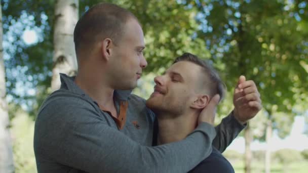 Ρομαντικό ομοφυλόφιλο ζευγάρι τρίβει μύτες στο πάρκο — Αρχείο Βίντεο
