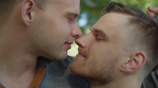 Portret van gay paar uiten gevoelens outdoor — Stockvideo