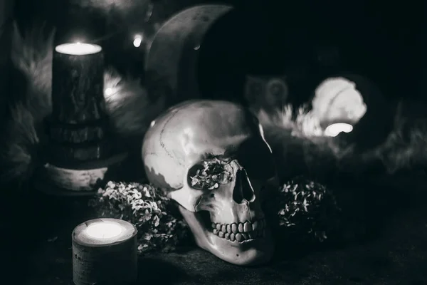 Scène de sorcellerie d'Halloween rituelle mystique occulte - réforme humaine, bougies, fleurs séchées, lune et hibou Photos De Stock Libres De Droits