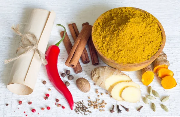 Curry Masala Indian Spice Powder Ingredients Old Recipe White Boards — Stock Photo, Image