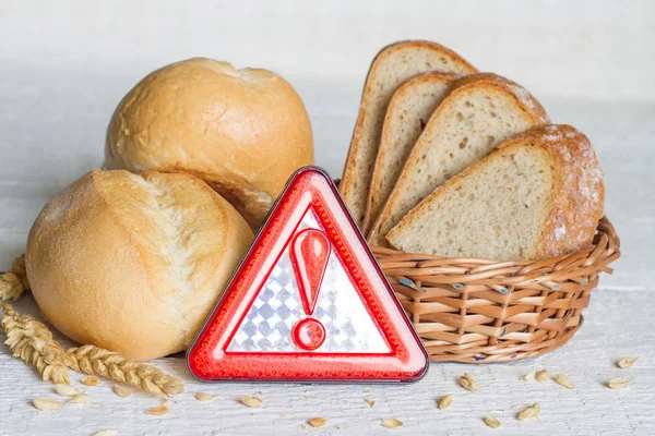 Nietolerancja Glutenu Pszenicy Chleb Znak Ostrzegawczy Białych Desek — Zdjęcie stockowe