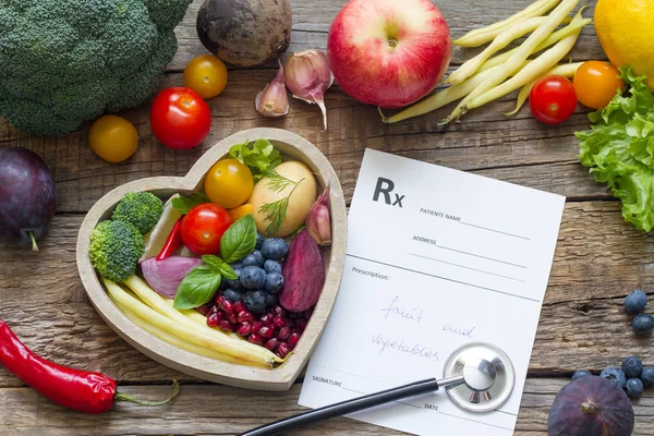 Egészséges Étel Szív Sztetoszkóp Orvosi Recept Diéta Gyógyszer Fogalma — Stock Fotó