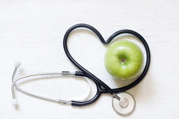 Medicina Alternativa Concetto Segno Sano Con Cuore Stetoscopio Mela Verde — Foto Stock