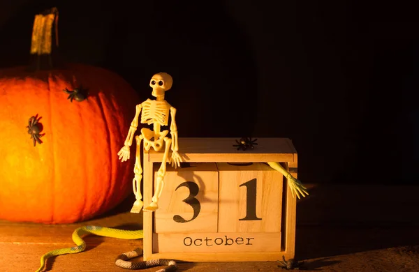 Abstracte Achtergrond Halloween Met Pompoen Skelet Kalender Nacht — Stockfoto