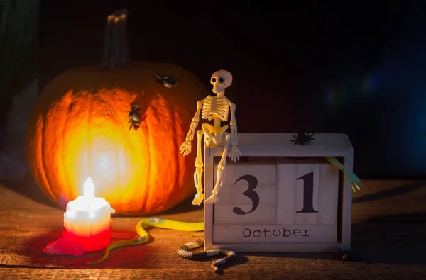 Abstracte Achtergrond Halloween Met Pompoen Skelet Kalender Nacht — Stockfoto