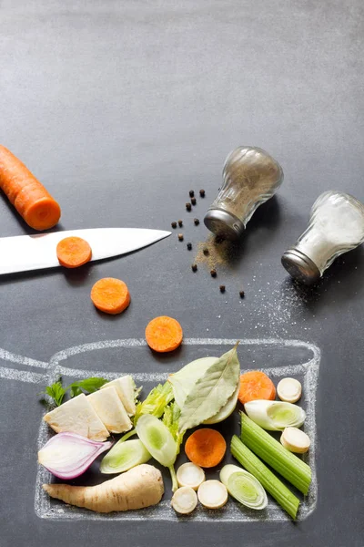 Soup Broth Concept Fresh Vegetables Spices Ingredients Blackboard — Stock Photo, Image