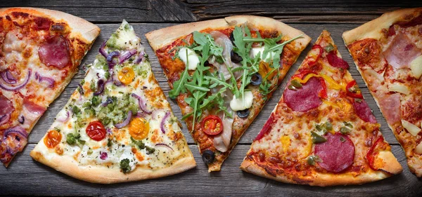 Pizza Van Verschillende Soorten Verschillende Types Oude Retro Borden Banner — Stockfoto