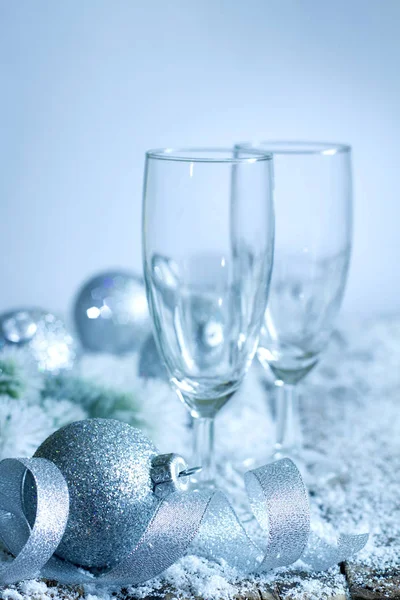 Christmas New Year Eve Dinner Background Concept Empty Glasses Champagne — Stock Photo, Image