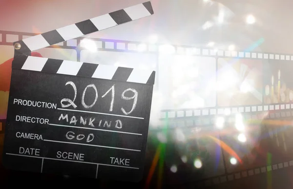 Neujahr 2019 Abstrakter Film Und Schicksalskonzept Auf Blauem Hintergrund Mit — Stockfoto