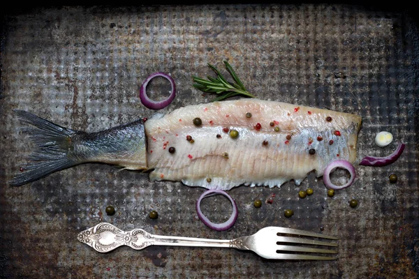Αφηρημένη Ρέγγα Ψάρι Μπαχαρικά Παλιά Μεταλλική Πλάκα Grunge Δημιουργική Ζωή — Φωτογραφία Αρχείου