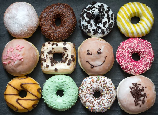 Doughnuts Donuts Various Types Cakes Abstract Fat Thursday Concept — Stock Photo, Image