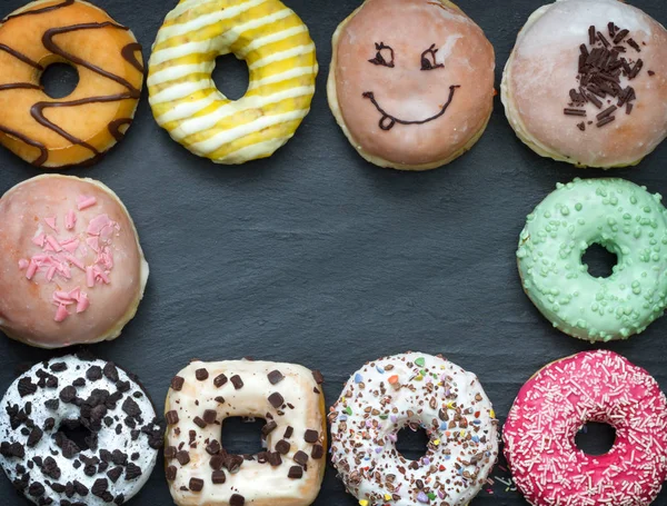 Doughnuts Donuts Various Types Cakes Abstract Fat Thursday Frame Concept — Stock Photo, Image