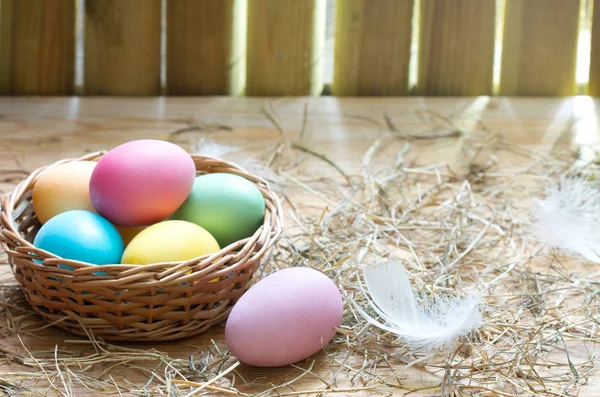 Pâques Biologique Coloré Décoration Oeufs Dans Poulailler Printemps Abstrait Fond — Photo