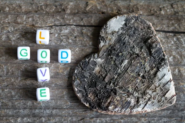 God Love Letters Cross Heart Religion Concept Wooden Background — Stok fotoğraf