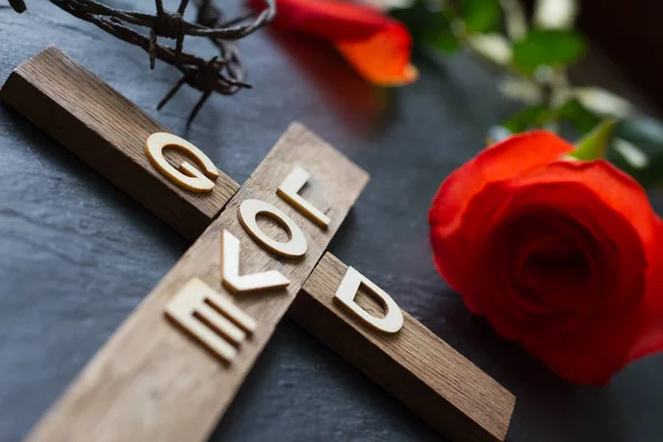Easter Christian Wooden Cross Inscription God Love Red Rose Abstract — Stockfoto