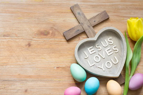 Easter Cross Heart Inscription Jesus Loves You Abstract Wooden Spring — Φωτογραφία Αρχείου