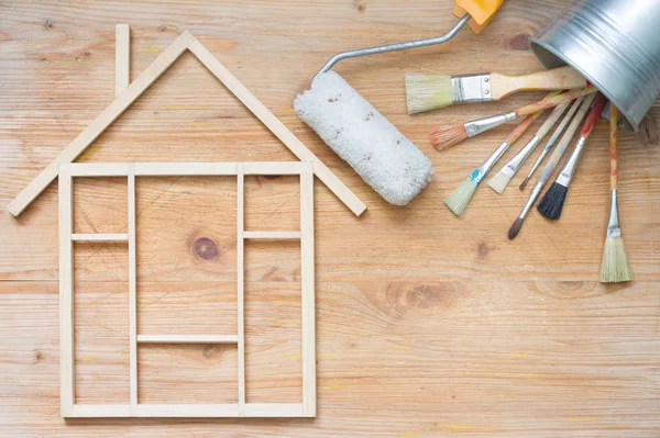 家居装修建筑抽象的背景与工具在木板顶视图和自由的地方 — 图库照片