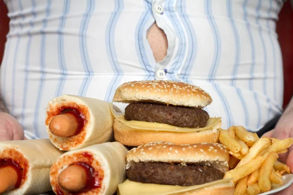 Ungesundes Junk Fast Food Und Bauch Des Dicken Mannes — Stockfoto