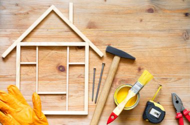 Ev yenileme inşaat ahşap tahta üzerinde araçlarıyla'deki DIY arka plan