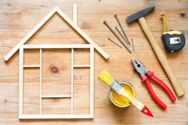 Ev yenileme inşaat ahşap tahta üzerinde araçlarıyla'deki DIY arka plan