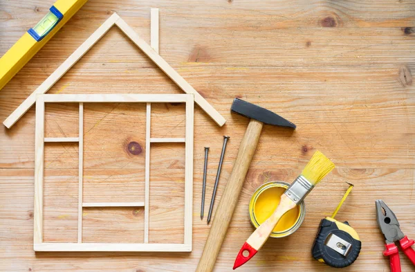 Home Ristrutturazione Costruzione Fai Sfondo Astratto Con Strumenti Tavola Legno — Foto Stock