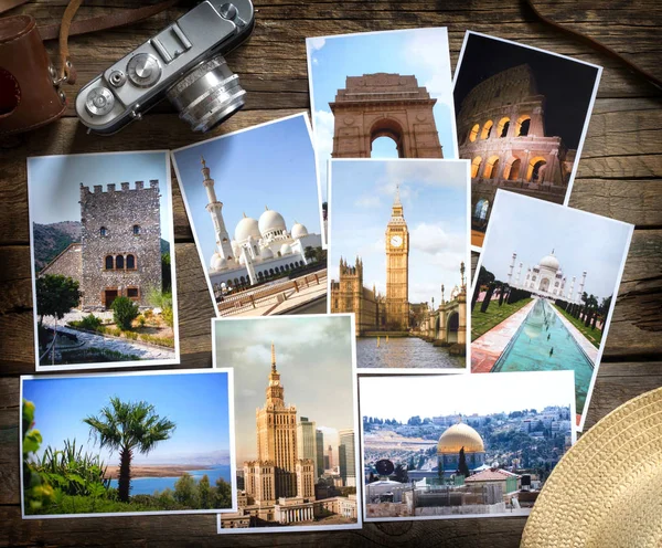 Old Retro Pictures Camera Wooden Table Globetrotter Photography Travel Collage — Stock Photo, Image