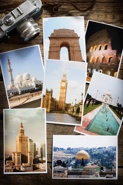 Eski retro resimleri ve ahşap masa globetrotter fotoğrafçılık seyahat kavramı kolaj kamerada