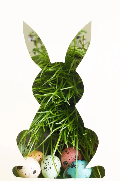 Silueta Conejo Pascua Sobre Papel Con Hierba Verde Colorido Fondo —  Fotos de Stock