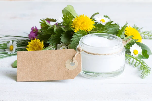 Natural Cosmetics Skin Care Cream Eco Label Herbs Flowers Royalty Free Stock Photos