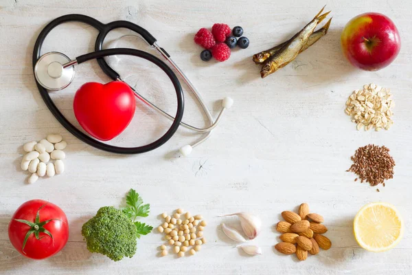 Selection Food Good Heart Stethoscope Healthy Diet Concept — Stock Photo, Image