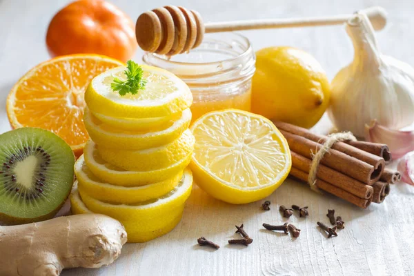 Zitrusfrüchte Honig Und Knoblauch Als Hausmittel Gegen Erkältungen Und Grippe — Stockfoto