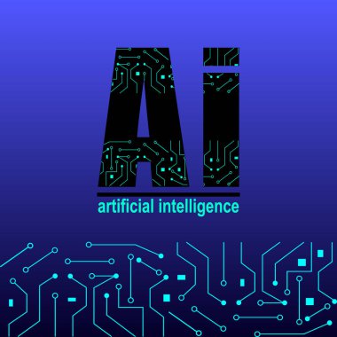 AI, yapay zeka, mavi arka plan üzerinde elektronik devre