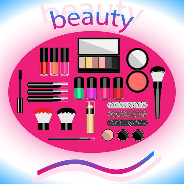 Den makeup som säger skönhet på en abstrakt bakgrund. Platt design — Stock vektor