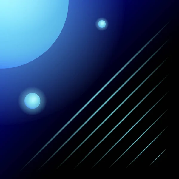 Abstracción del espacio, bolas y rayas brillantes azules sobre fondo azul oscuro — Archivo Imágenes Vectoriales